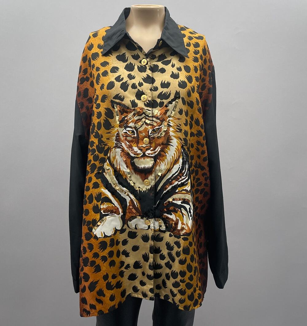 Diane Gilman Vtg Top Women L Tiger Print Silk Button Up Blouse Sequin Glam Artsy